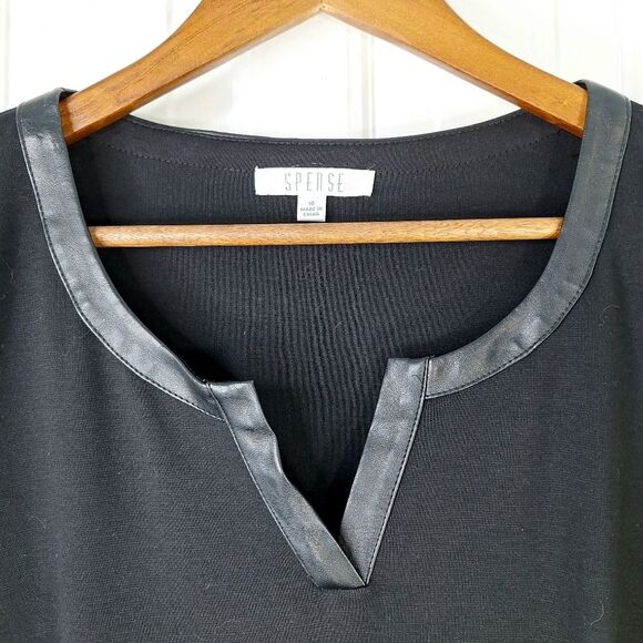 Spense Black Sleeveless Sheath Dress Faux Leather Piping & Hemline Sz 10 - Picture 2 of 11